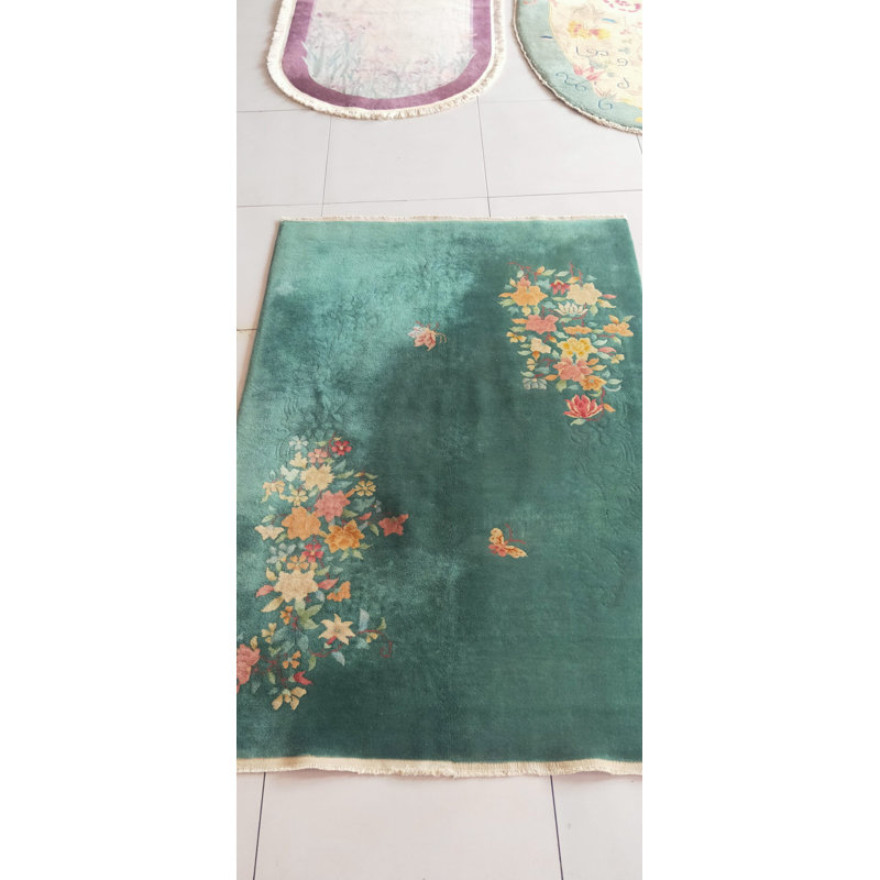 Small Square Shape Seafoam Green Color Antique Chinese Deco Wool Pile Rug