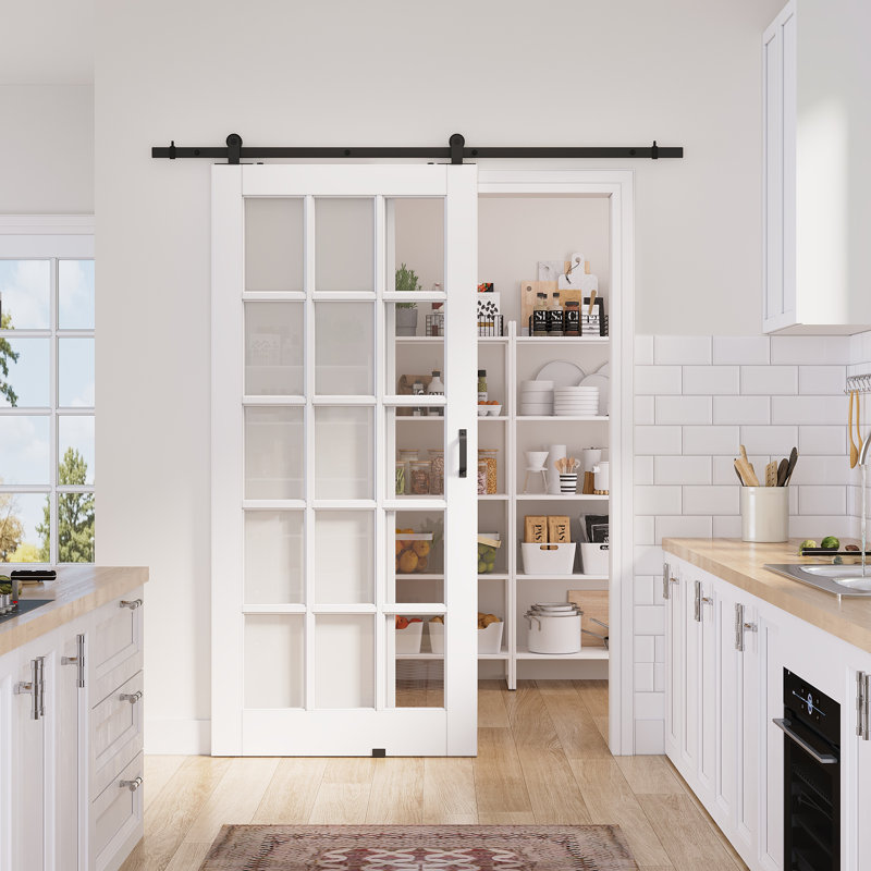 30in.x 80in.15 Lite Clear Glass White Door Slab Prefinished Surface With All Barn Door Hardware Kit, 36in.x 80in.