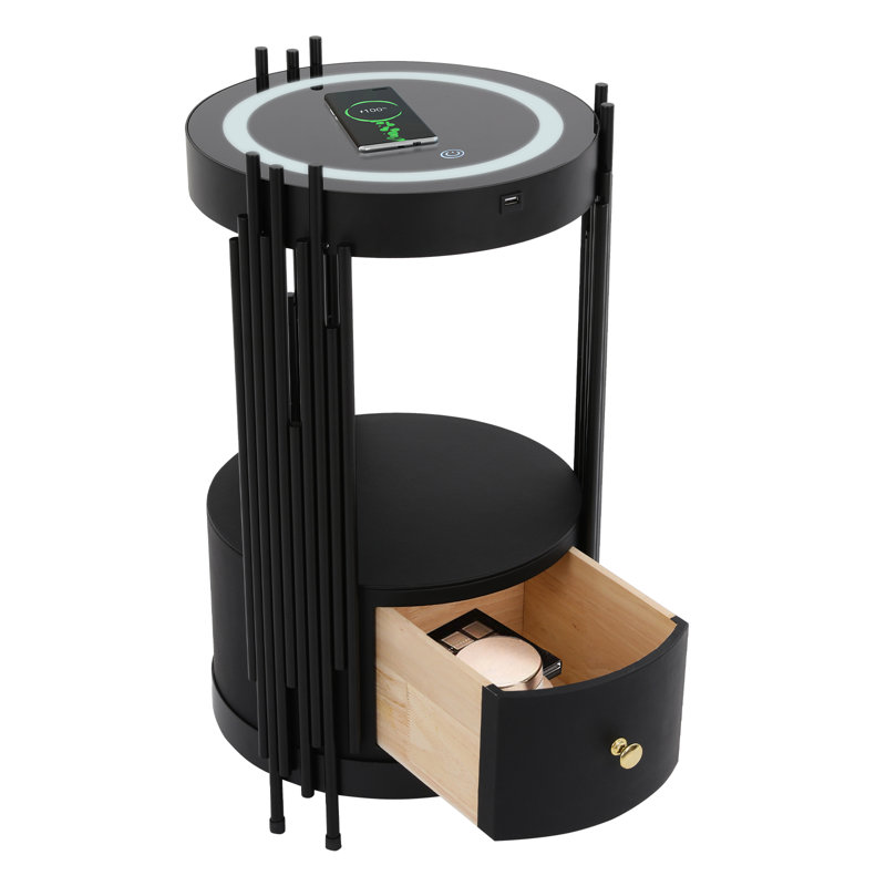 Led Smart Round Nightstand With Wireless Charging Station 13.78*25.59 In((D*H), Black