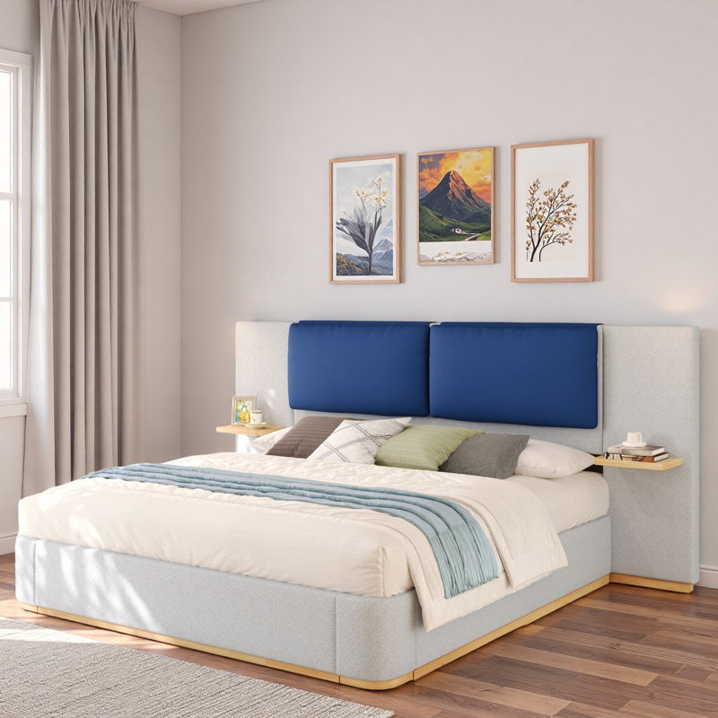 Lit plateforme tapissier avec tablettes, Très grand lit, Beige/gris