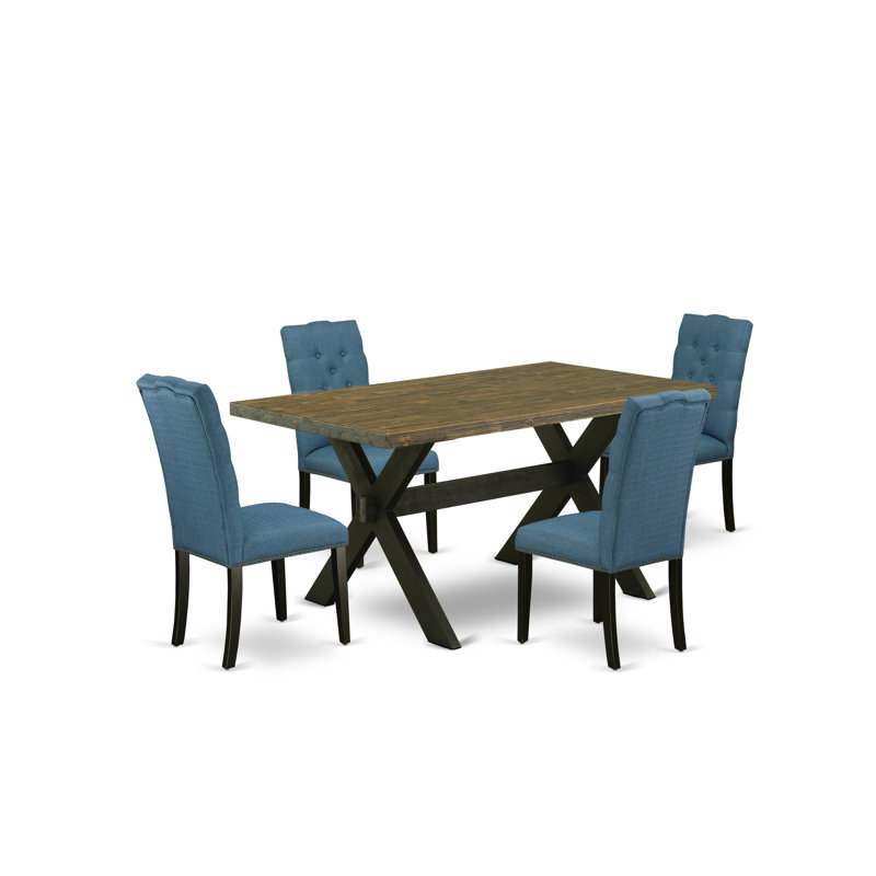 L'ensemble de mobilier de salle à manger 5 pièces comprend une table de salle à manger rectangulaire avec pieds en X et 4 chaises Parsons en tissu bleu, noir brossé
