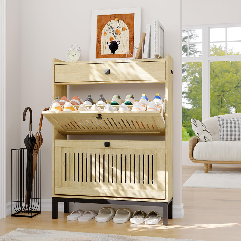 Entryway Shoe Storage Cabinet with 2 Flip Drawers & Top Drawer, Hollow Panel Shoe Organizer Rack with Adjustable Shelves & Anti-Tipping-Natural