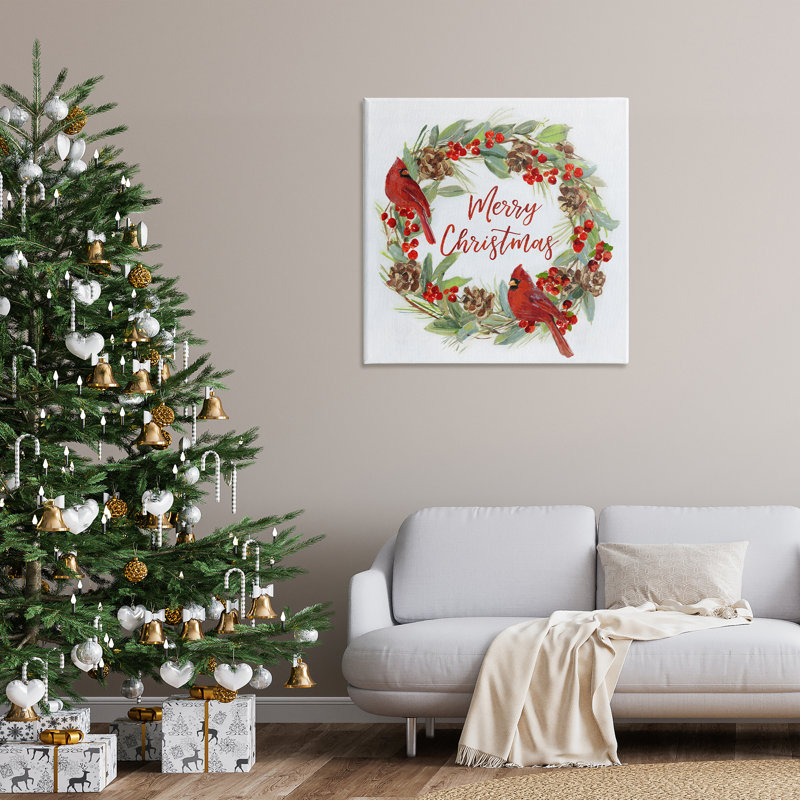 "Cardinals & Merry Christmas", art mural sur toile par Sally Swatland, H 36 po x l 36 po