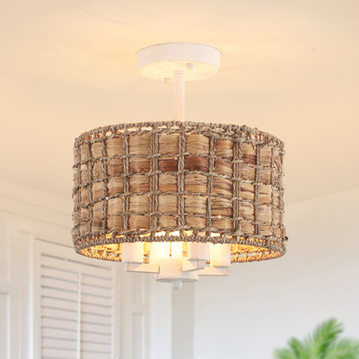 4 - Light 12 inch Boho Rattan Chandelier, Dimmable Drum Natural Rattan Seagrass Semi Flush Mount Ceiling Light Fixtures With E12 Base for Dining Room Kitchen Island