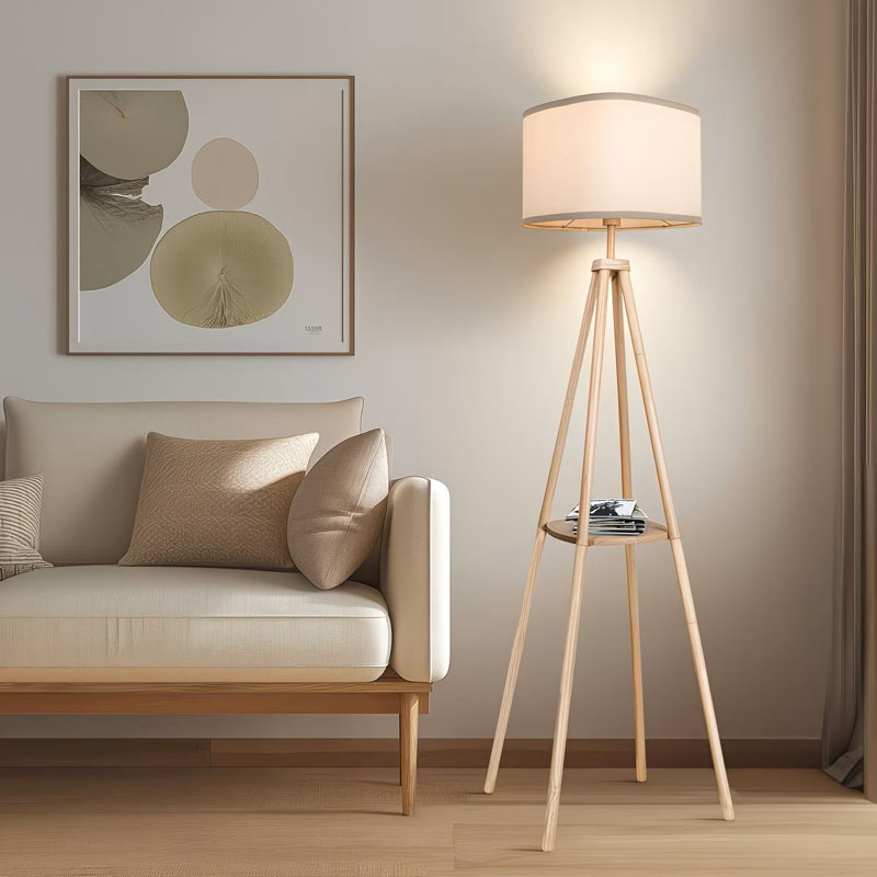 64In Wood Tetrapod Floor Lamp Dimmable With Shelves, Remote Control, Mid Century Standing Lamp For Bedroom