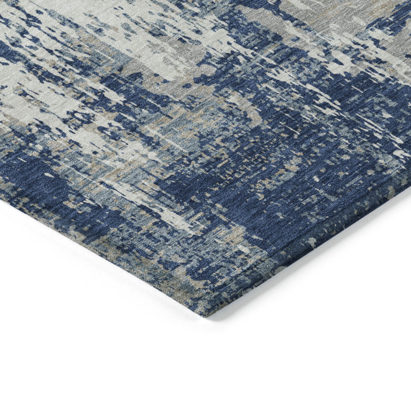Navy Abstract Flat Woven Synthetic Washable Rug 2'6" x 3'10"