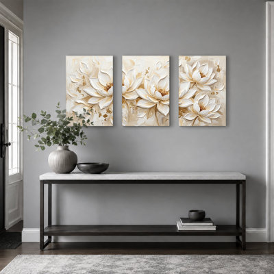 Ensemble de 3 impressions sur toile lotus blanc avec accents dorés