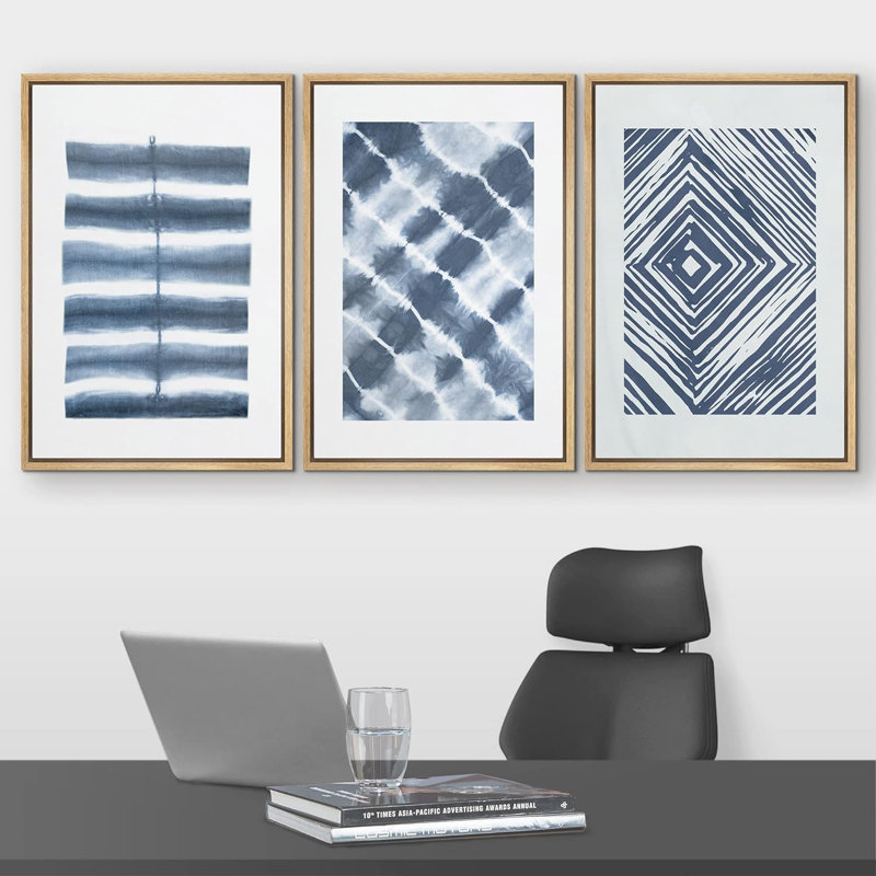 Blue Line Art and Diamond Illusion Collage Abstract Patterns Modern Art Mid-Century Modern, Cadre naturel flottant