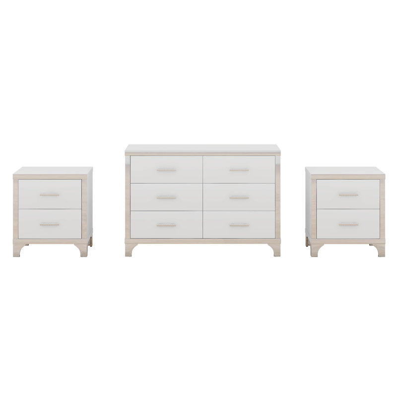 Ensemble de commode et table de chevet 3 pièces avec miroir et poignées en métal, Blanc