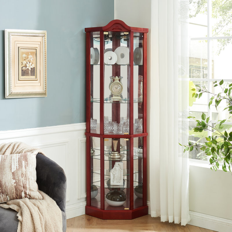 Wine Cabinet With Illuminated Shelf, Cherry Tone, Adjustable Shelving, Artistic Carvings Lighted Glass For Corner Storage, Shelves In