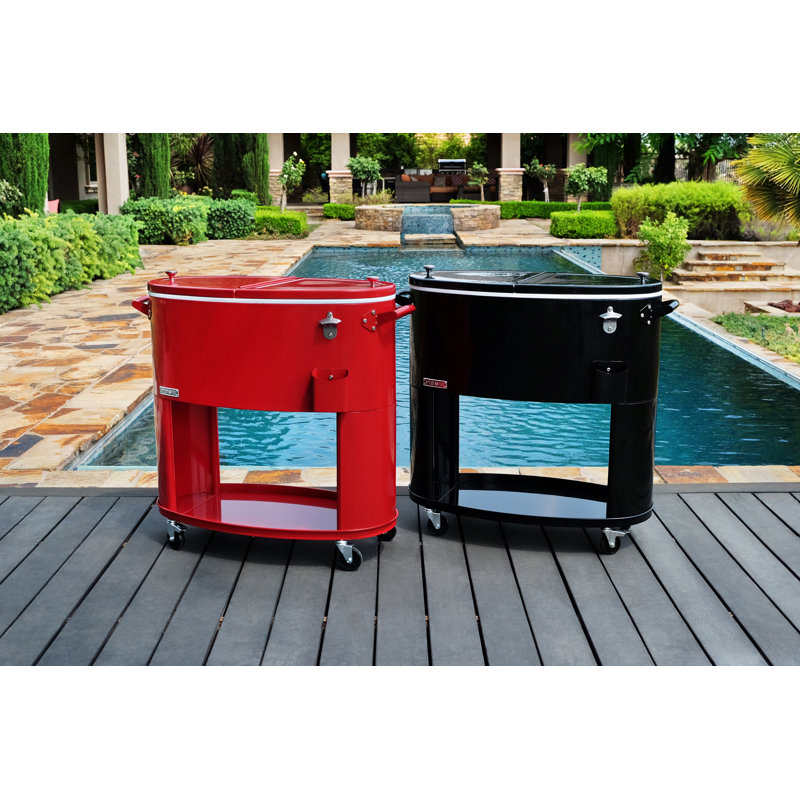 Black Powder Coated Steel Rolling Patio Cooler with Insulated Basin