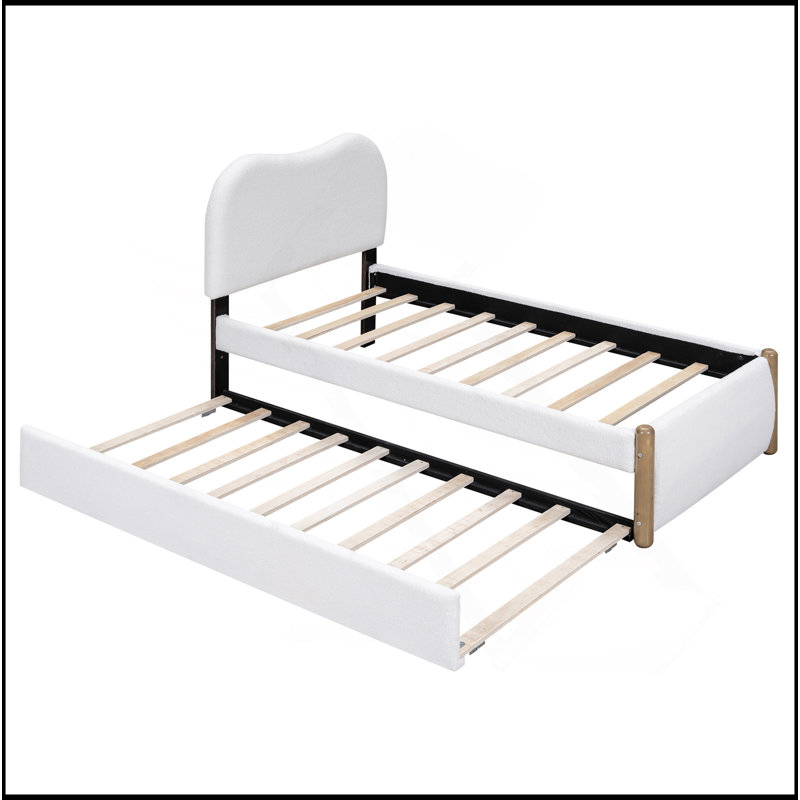 Lit plateforme tapissier avec pieds de support en bois et lit gigogne simple, blanc, Lit simple