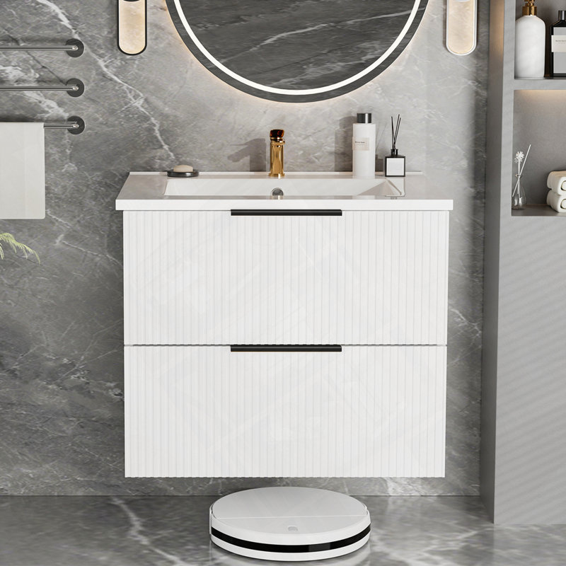 Meuble-lavabo mural flottant avec lavabo et tiroirs en céramique, Blanc mat