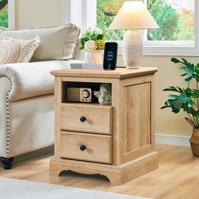 Farideh Wood 2 - Drawers Nightstand, Rustic End Table With Charging Station