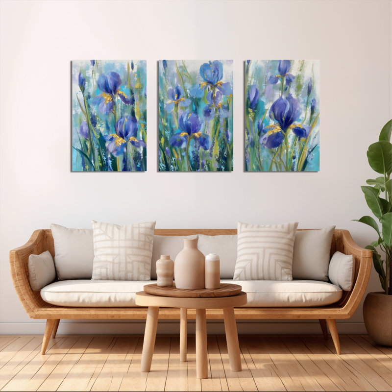 Tableau mural sur toile tendue à motif floral d'iris bleus (ensemble de 3), H 24 po x l 48 po