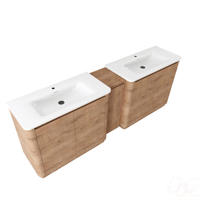 Meuble-lavabo autoportant de 92 po avec lavabo en céramique blanche et 1 petite armoire de rangement, porte à fermeture en douceur, chêne imitation, emballage KD, contreplaqué
