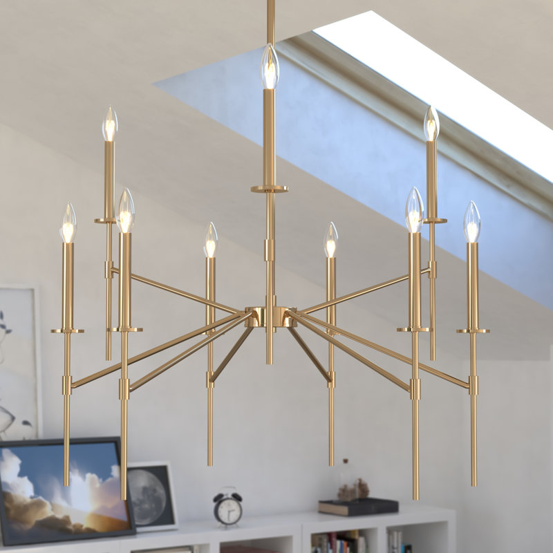 9 - Light Dimmable Tiered Chandelier, Natural Brass
