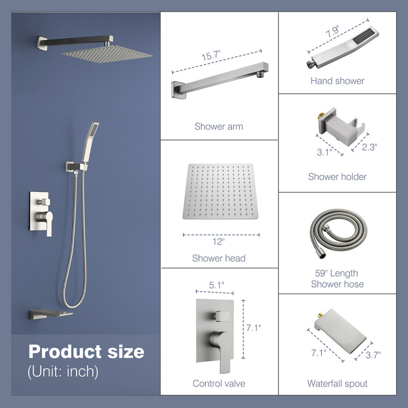 Brushed Nickel Rain Shower System with Handheld and Tub Spout