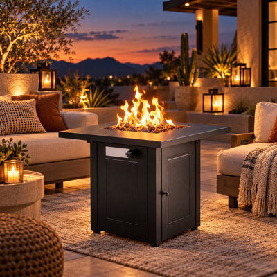28" Square Outdoor Propane Gas Fire Pit Table, 50,000 BTU Iron Fireplace with Lid, Lava Rocks and Hose for Patio Backyard