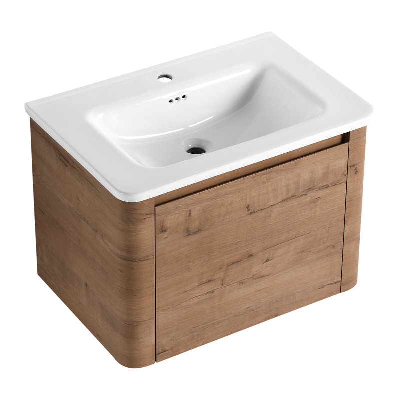 Meuble-lavabo de 28 po avec lavabo en céramique blanche, 1 porte, contreplaqué, bords arrondis et trou de trop-plein, 3 charnières, 45 poignées dissimulées, contreplaqué à surface lisse