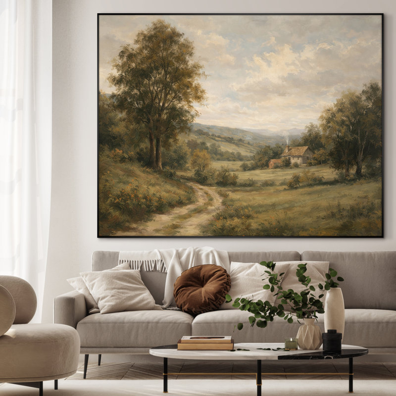 Extra Large Wall Art Fabric Print - Vintage Countryside Cottage with Winding Path and Trees for Living Room or Bedroom - "Frame Assembly Required (Unfinished Frame)"