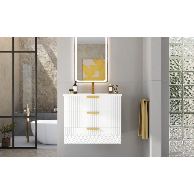 Meuble-lavabo mural moderne de 24 po avec lavabo en céramique et poignées en métal Hazel, Blanc