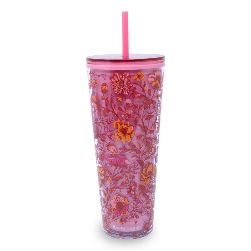 Gobelet à double paroi avec paille et jardin fleuri