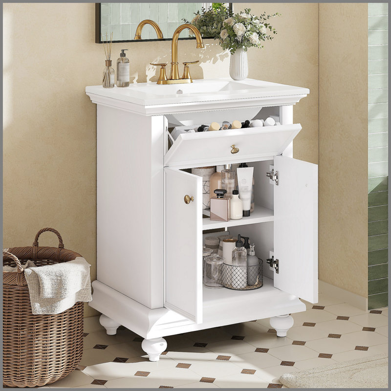 Meuble-lavabo moderne de 24 po avec tiroir basculant et charnières à fermeture en douceur, armoire de salle de bain avec structure ouverte au dos, pieds tournés en boule avec élégance française