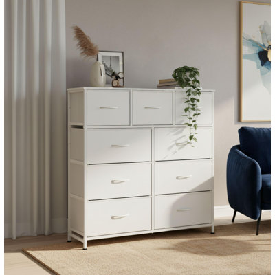 Bedroom/Hallway Versatile White Nine-Drawer Fabric Storage Cabinet With Steel Frame, Wooden Top, And Easy-Pull Handles; A Tall Storage Unit.