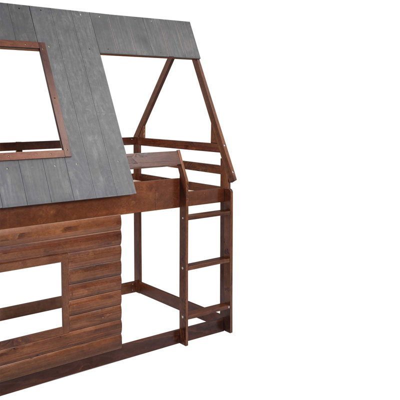 Lit superposé en bois avec toit, échelle et 2 fenêtres Wood House
