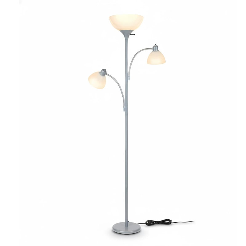 Sky Dome Double LED Torchiere Floor Lamp - Pole Super Bright Dimmable Standing Lamp with 2 Reading Lights, Silver