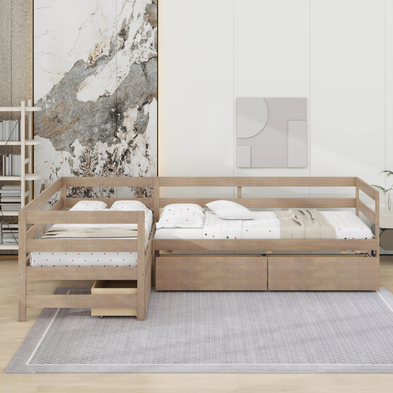 Lit plateforme simple en L avec tiroirs de rangement, Naturel