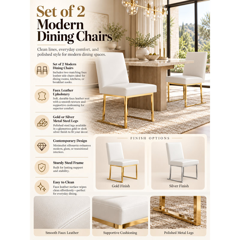Pangea Home Dexter Modern Upholstered Faux/Vegan Leather Dining Side Chair (Set of 2) – Upholstered Dining Chairs with Steel Legs, Contemporary Kitchen & Dining Room Seating - White with Gold Legs
