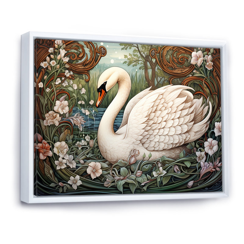 Cygnes majestueux, horizon sur toile, Cadre flottant blanc, H 16 po x l 32 po x P 1 po