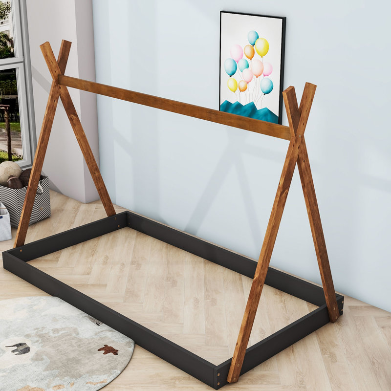 Twin Size Wooden Tent Floor Bed with Triangle Structure, Black/Brown