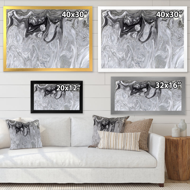 Gris abstrait liquide - peinture sur toile, H 16 po x l 32 po x P 1 po, Cadre photo noir