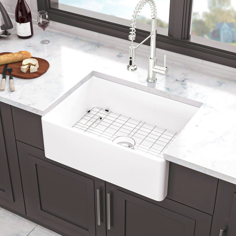 Évier de cuisine 28 blanc 28 po - Cuvette simple en céramique avec évier de cuisine et grille inférieure 28 po