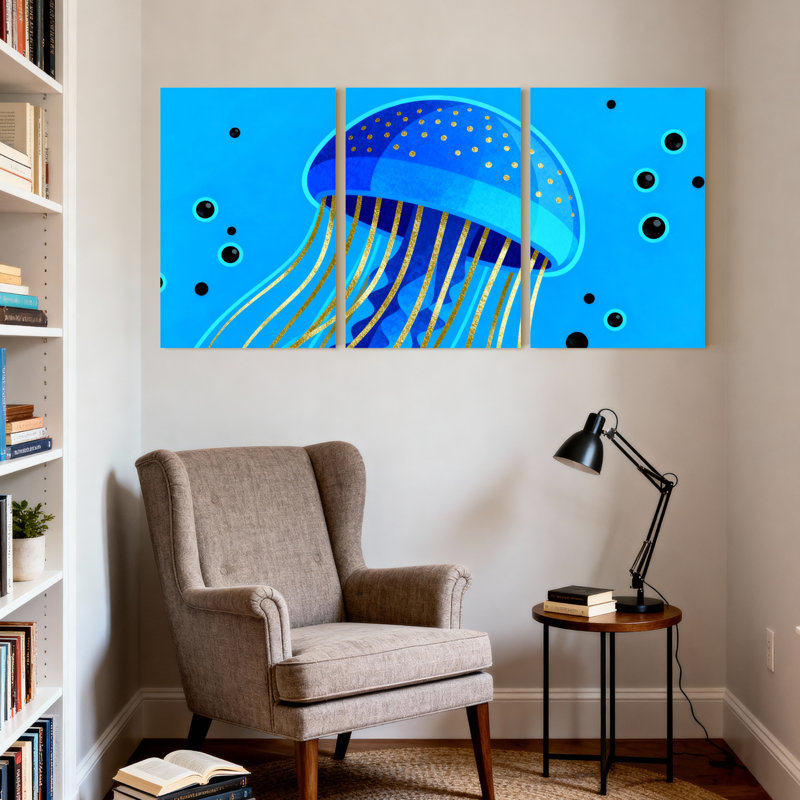 Ensemble de 3 impressions sur toile, méduse bleue avec tentacules dorés et bulles, H 30 po x l 60 po