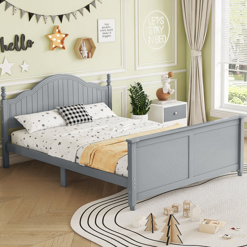 Lit double pour enfants, lit plateforme double en bois avec tête et pied de lit, gris, Double