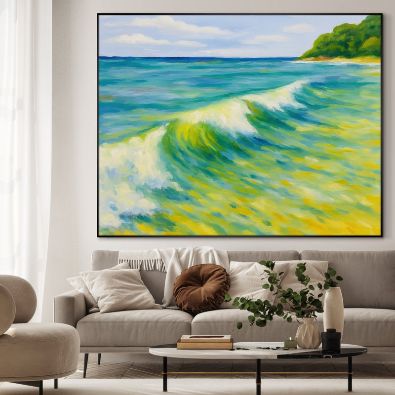 Très grande plage, art mural - impression de paysage de mer coloré pour salon côtier moderne, très grande impression murale encadrée (assemblage requis)