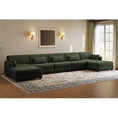 Maelina 7 - Piece Upholstered Green Corduroy Modular Sectional Sofa with Pillow Back and Removable Ottoman