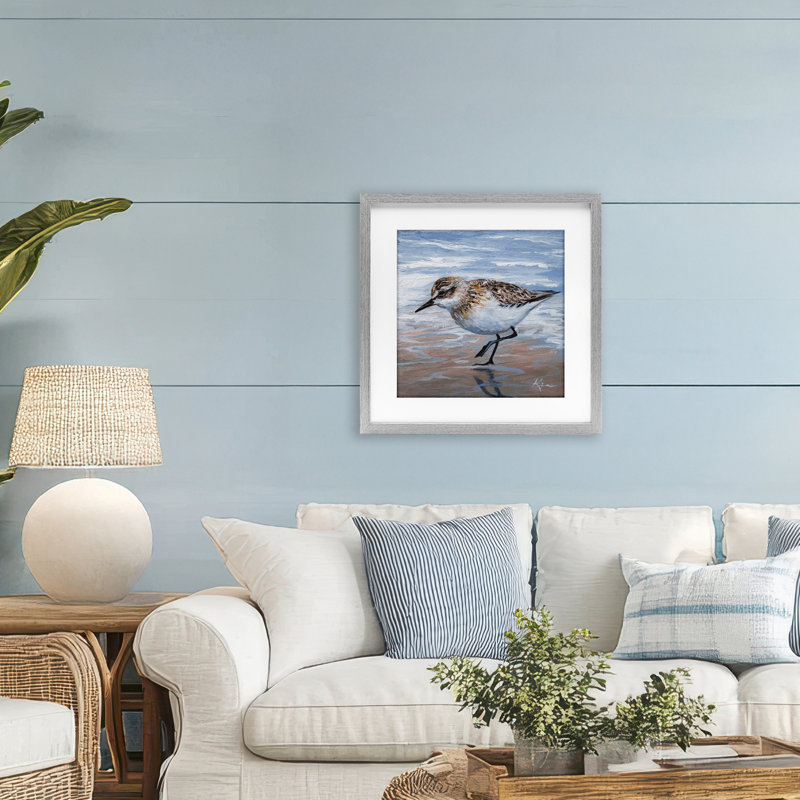 «Sand Piper Shore», reproduction d'art encadrée sous verre, design par Lindsay Kivi Fine Art, Cadre de ferme gris
