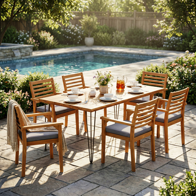 Ensemble de salle à manger de patio en bois d'acacia 7 pièces pour pelouse, cour, terrasse de jardin, bord de piscine, Teak