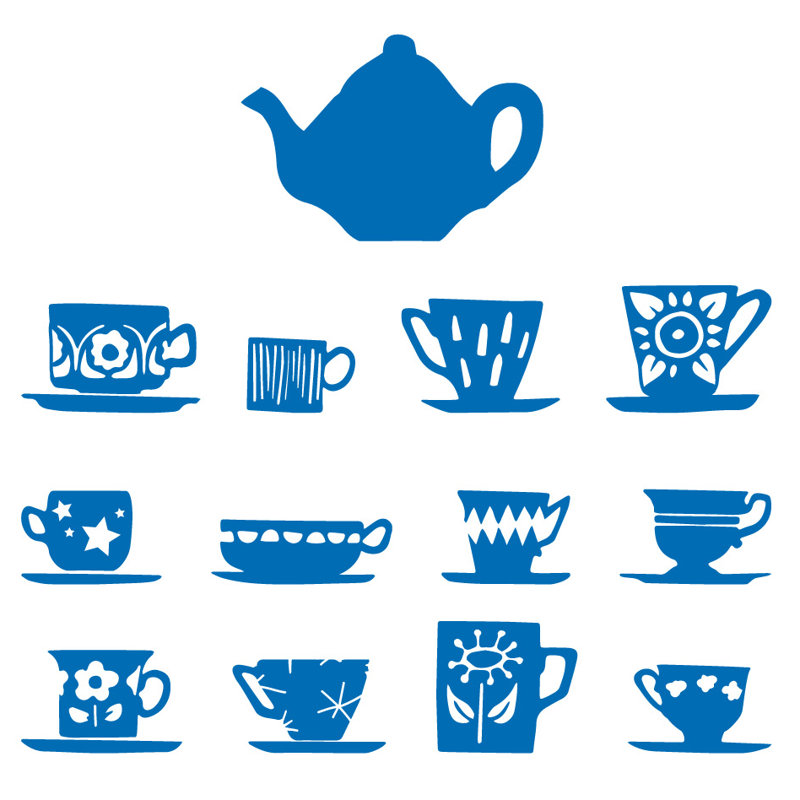 Décalcomanie murale tasses de thé, H 23 po x l 24 po x P 0,01 po, Bleu azur