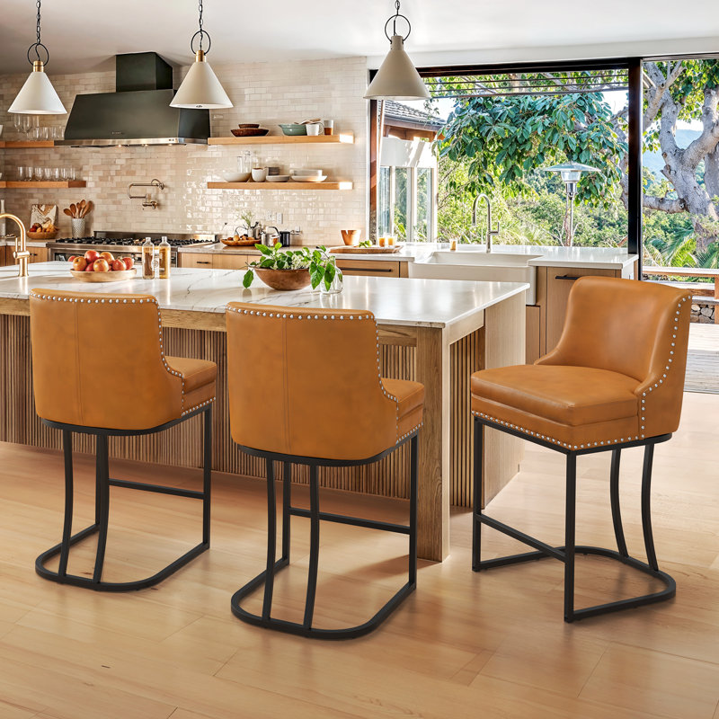 Donicia 26'' H Upholstered Metal Counter Stools, Faux Leather/Yellowish Brown, 3