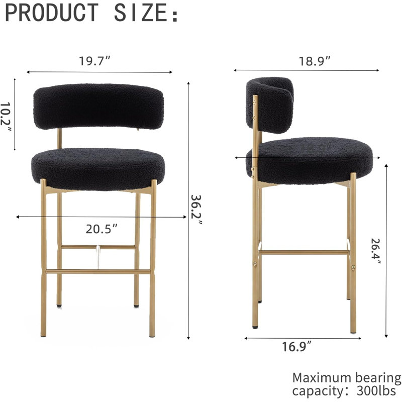 Gold Boucle Bar Stools Set Of 2, 26" Modern Counter Stools With Backs, Upholstered Barstools For Kitchen Island, Bar, Cafe