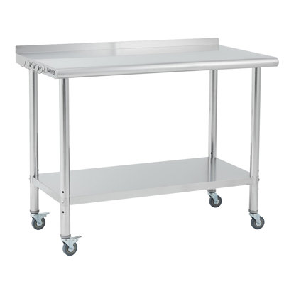 Heavy Duty Stainless Steel Commercial Prep Table 30x24x35 in with Backsplash, Mobile Worktable with Casters for Restaurant Food Service, Arc Edge Kitchen Workstation with Adjustable Undershelf