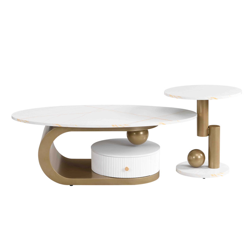 Ensemble de 2 tables basses Modern Modern, Blanc, Doré, Marbre