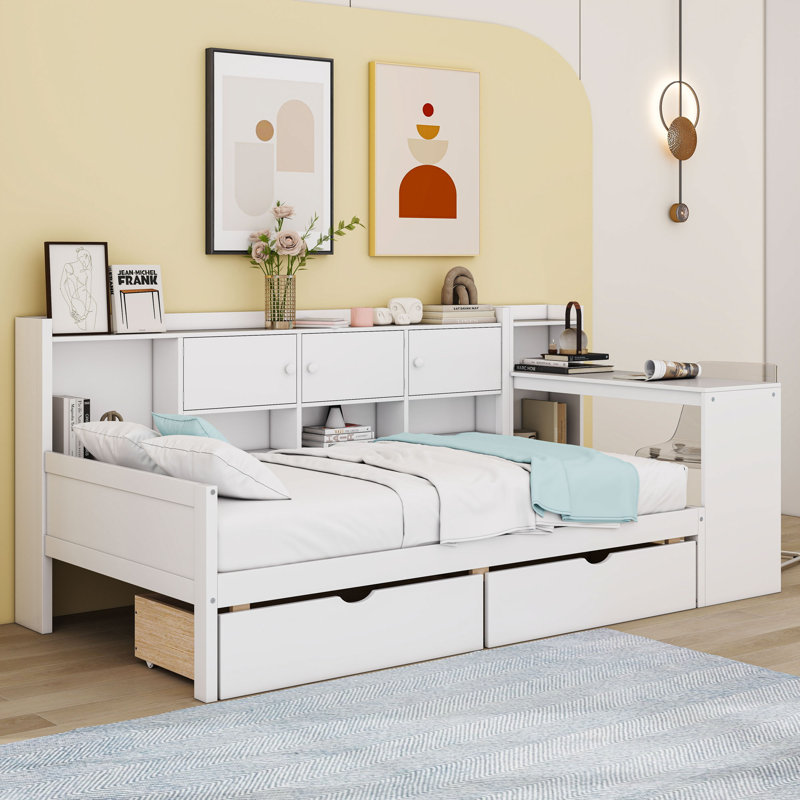 Lit de jour en L à 2 tiroirs en bois avec tablettes et bureau intégré, Lit simple, Blanc