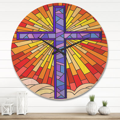 Horloge murale religieuse, croix décorative en verre coloré